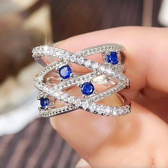 NEW 18k White Gold Sapphire Diamond Ring Band - Picture 3 of 5